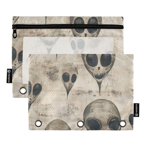 Stifttaschen für Putz mit klarem Fenster schwarz und weiß Cartoon böse Aliens Ringe Federmäppchen in gemischten Farben 3 Ringe Reißverschluss für Bürobedarf mehrfarbig 2 Stück von Amooorous