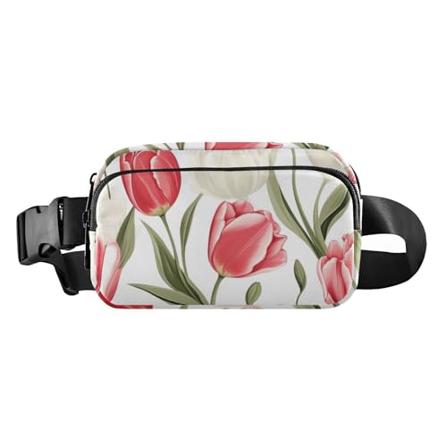 Stilvolle Bauchtasche für Männer und Frauen, Motiv: Blumen, Pfirsich und weiße Tulpen, wasserabweisend, Reisezubehör mit verstellbarem Riemen für Reisen, Einkaufen, Laufen, Blumen Pfirsich und weiße von Amooorous