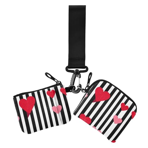 Stripe Simple Line Art Heart Valentine Red Damen Kleingeldbörse Kartenhüllen Slim Abnehmbar Frauen Kreditkartenetui Münzbörse mit Armband für den täglichen Gebrauch 2 Stück, Stripe Simple Line Art von Amooorous