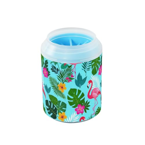 Summer Flamingos Palmblatt Blau Tragbarer Haustierpfotenreiniger Becher mit Silikonbürste Weiche Haustierpflege Zubehör für kleine, mittelgroße und große Rassen Hunde/Katzen Limpiador de patas para von Amooorous