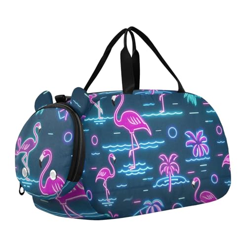 Summer Neon Flamingo Wave Navy Blue Girl Gym Duffel Bag with Shoes Compartment Multifunctional Weekender Overnight Dance Bag for Travel Sports Duffle Weekender von Amooorous