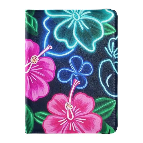 Summer Neon Hibiskus Frangipani Blume Leder Dekorative Reisepasshülle für Reisen Männer Impfhülle Schutzhülle Reisepass Hülle Reisedokumente Brieftasche Ultra Slim, Summer Neon Hibiscus Frangipani von Amooorous