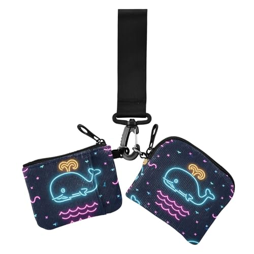 Summer Neon Whale Wave Black Dual Coin Purse Credit Card Holder Wallet Small Detachable Business Card Case Money Organizer with Wristlet Strap for Lady 2 Packs, Summer Neon Whale Wave Black, 1 size von Amooorous