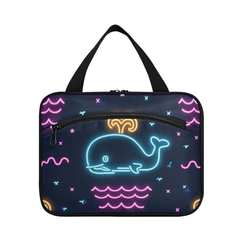 Summer Neon Whale Wave Black Hanging Large Cosmetic Bags for Women with Hook, Designer Unisex Shaving Bag for Men for Dad Hotel Bolsa para guardar maquillaje L von Amooorous