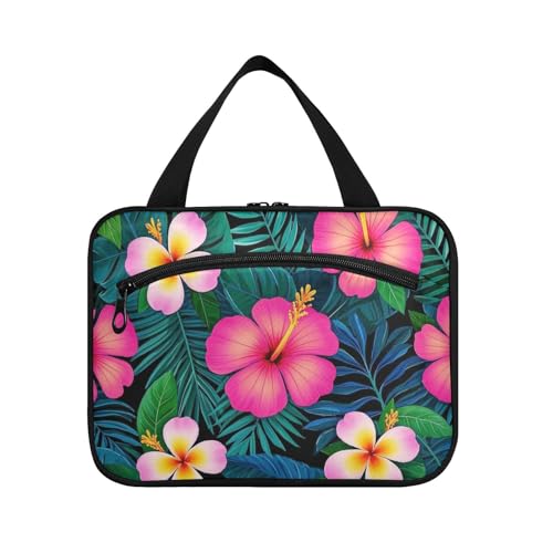 Summer Plumeria Hibiskus Palmblatt hängende Reisetasche für Frauen mit Haken, tragbare Designer-Make-up-Tasche für Frauen, Reisen, Badezimmer, Bolso de Maquillaje para Mujer L von Amooorous