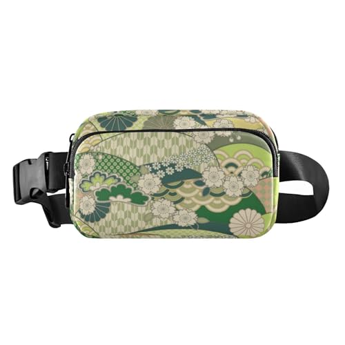 Traditionelle grüne japanische Ukiyo-e Blumen-Umhängetasche, Hüfttasche für Damen und Herren, wasserdichte Crossbody-Tasche, Anti-Diebstahl-Hüfttasche mit verstellbarem Riemen für Workout, Laufen, von Amooorous
