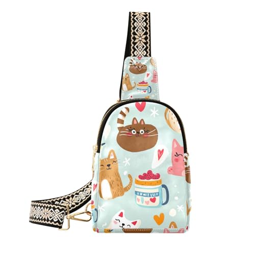 Trendige Kaffee-Hot Cats Cratoon süße Körpertasche für Damen aus Leder zum Wandern, Kaffee Hot Cats Kratoon niedlich, 1 size von Amooorous