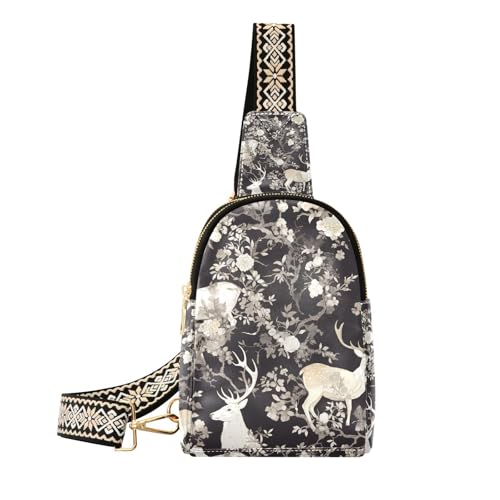 Trendige Umhängetasche mit Hirschmotiv, schwarz, Mehrzweck-Umhängetasche für Damen, aus Leder zum Wandern, Reh Spielzimmer schwarz, 1 size von Amooorous