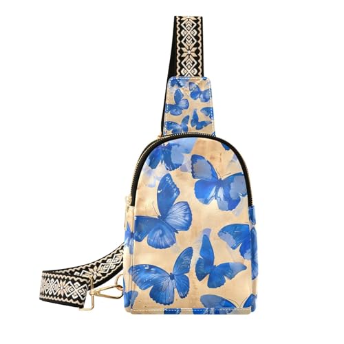 Trendige psychedelische blaue Schmetterlings-Leder-Schultertasche, Diebstahlschutz, Gürteltasche zum Wandern, Psychedelic Blue Butterfly, 1 size von Amooorous