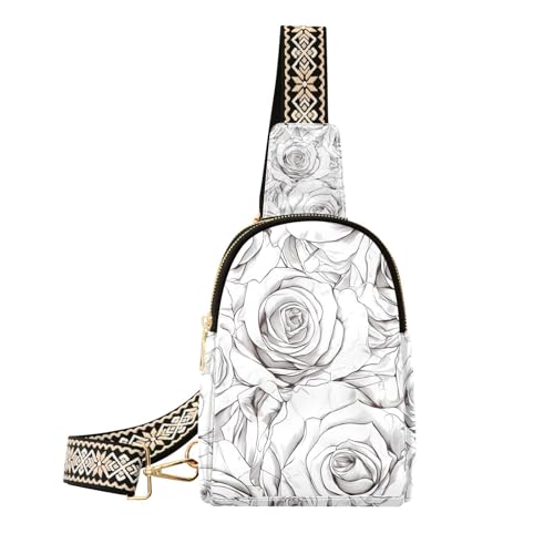 Trendige schwarze und weiße Gürteltasche für Herren, Anti-Diebstahl-Rucksack, Schultertasche zum Wandern, Schwarz-weiße einfache Rose, 1 size von Amooorous