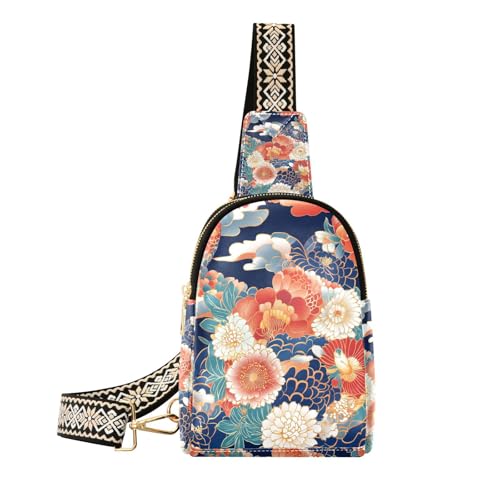 Trendige traditionelle japanische Blumen-Tasche für Damen, Leder-Brusttasche, Brusttasche für Reisen, Traditionelles japanisches Blumenmuster, 1 size von Amooorous