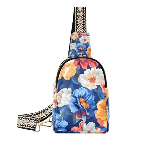 Trendiges Ölgemälde mit Retro-Blumen in Blau, Bauchtasche, Kreuz, stabile Reisetasche für Herren zum Wandern, Ölgemälde mit Retro-Blumen in Blau, 1 size von Amooorous