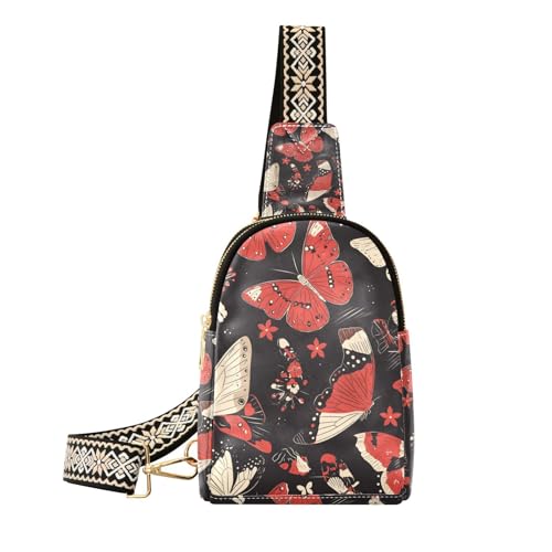 Trendy Butterflies Valentinstag Schwarz Rot (1) Tasche für Herren Leder Crossover Taschen für Damen zum Wandern, Schmetterlinge Valentinstag Schwarz Rot (1), 1 size von Amooorous
