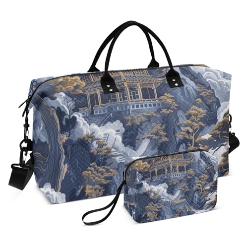 Übergroße Reisetasche mit Kranzlandschaft, Blau und Gold, mit Kulturbeutel für Trekking, multifunktional, Blau und Gold, Rauchkranz, Blaue und goldene Rauchkranz-Landschaft, Einheitsgröße Übergroße Reisetasche mit Kranzlandschaft, Blau und Gold, mit Kulturbeutel für Trekking, multifunktional, Blau und Gold, Rauchkranz, Blaue und goldene Rauchkranz-Landschaft, Einheitsgröße von Amooorous