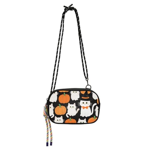 Umhängetasche für Herren, Halloween, Cartoon, weiße Katzen, Kürbisse, wasserdicht, mit verstellbarem Riemen, Kuriertasche, Crossbody-Tasche, für Spaziergänge von Amooorous