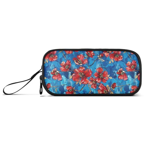 Viele rote Blumen auf blauem Hintergrund, Nylon-Federmäppchen, hohe Kapazität, Federmäppchen für Jungen, Schreibwaren-Tasche für Bürolehrer von Amooorous