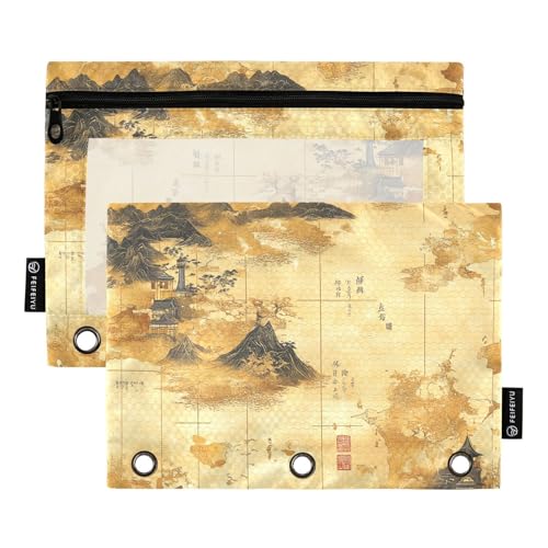 Wasserdichte Abdeckung mit klarem Fenster golden retro Karte Federmäppchen mit Reißverschluss verstärkte Ösen drei Ringe Verband Schulklasse Büro Veranstalter mehrfarbige 2 Stück von Amooorous