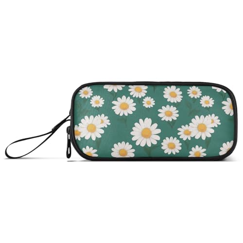Weiße Gänseblümchen-Federmäppchen aus Nylon mit Reißverschluss, hohe Kapazität, Federmäppchen für Teenager, Schreibwaren für elementare Männer von Amooorous