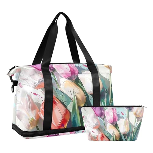 Weißer Hintergrund mit Tulpen in verschiedenen Farben angeordnet chaotisch Duffle Taschen Weekender Tasche mit Kulturbeutel für Trekking 2 Stück Set, Weißer Hintergrund mit Tulpen von, Weißer von Amooorous