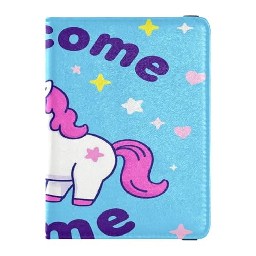 Welcome Home Niedliche Cartoon-Einhörner Leder dekorative Reisebrieftasche für Damen, Reisepasshülle, Reisedokumente, Organizer, Schutz, Reisepasshülle mit RFID-Blockierung, leicht, Niedliche von Amooorous