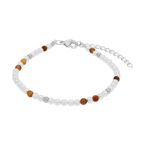 Amor Bead Armband für Damen, Edelstahl, mit Muschelkernperle und Tigerauge, 16+4 cm, silber, Geschenkidee, kommt in Schmuck Geschenk Box, 2100152 von Amor