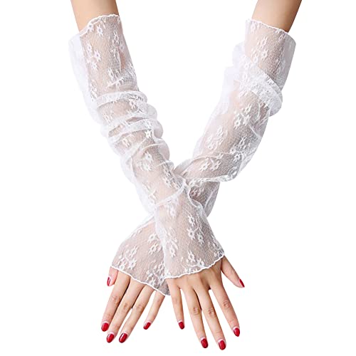 Amorar 1Paar Spitze Lang Handschuhe Armstulpen Fingerlose Spitze Handschuhe Elastischer Spitze Handschuhe Satin Handschuhe für Frauen Oper Hochzeit Party Karneval Elegante Armabdeckung,Weißer Typ 4 von Amorar