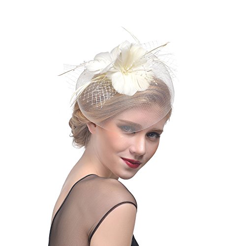 Amorar Damen Fascinator Hair Clip Hut Bankett Hut Stirnband Feder Blume Schleier Bowler Braut Hut für Cocktail Hochzeit,EINWEG Verpackung von Amorar