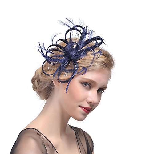 Amorar Damen Fascinator Hair Clip Hut Bankett Hut Stirnband Feder Blume Schleier Bowler Braut Hut für Cocktail Hochzeit (Marine) von Amorar