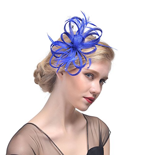 Amorar Damen Fascinator Hair Clip Hut Bankett Hut Stirnband Feder Blume Schleier Bowler Braut Hut für Cocktail Hochzeit (Blau) von Amorar