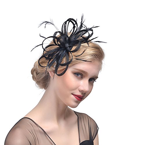 Amorar Damen Fascinator Hair Clip Hut Bankett Hut Stirnband Feder Blume Schleier Bowler Braut Hut für Cocktail Hochzeit (Schwarz) von Amorar