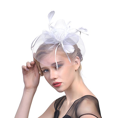 Amorar Damen Fascinator Hair Clip Hut Bankett Hut Stirnband Feder Blume Schleier Bowler Braut Hut für Cocktail Hochzeit (Weiß) von Amorar