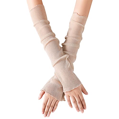 Amorar Damen Kühlung Arm Ärmel, Damen Lange Schlichte Tüllhandschuhe Handstulpen Anti-Rutsch-Sonnencreme Eisseide Schutzhülle Anti Rutsch Armstulpe für Verschiedene Outdoor-Sportarten,Cremeweiß von Amorar