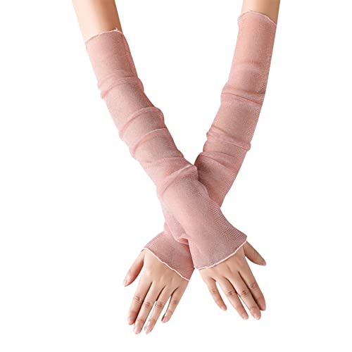 Amorar Damen Kühlung Arm Ärmel, Damen Lange Schlichte Tüllhandschuhe Handstulpen Anti-Rutsch-Sonnencreme Eisseide Schutzhülle Anti Rutsch Armstulpe für Verschiedene Outdoor-Sportarten,Rosa von Amorar