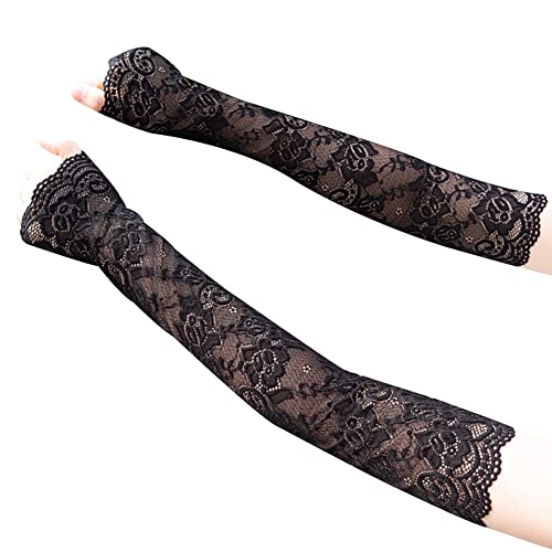 Amorar Frauen Lange Handschuhe Elastisch Lace Hochzeithandschuhe Hochzeit Party Abend Handschuhe Frauen Armmanschette Spitze Armstulpen Sonnenschutz Arm Kühlung Ärmel Elegante Armabdeckung,schwarz von Amorar