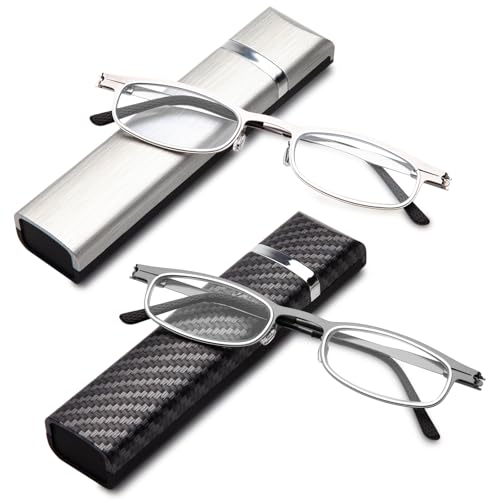 Amorays 2 Paar Faltbare Lesebrille Herren Damen metal Anti-Blaulicht Faltbar Lesebrillen mit reisen tragbar Rechteck Brillenetui 8010(Dunkelgrau+Hellgrau,+1.50) von Amorays