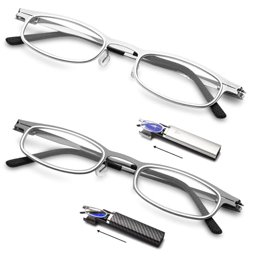 Amorays 2 Paar Faltbare Lesebrille Herren Damen metal Anti-Blaulicht Faltbar Lesebrillen mit reisen tragbar Rechteck Brillenetui 8010(Dunkelgrau+Hellgrau,+2.00) von Amorays