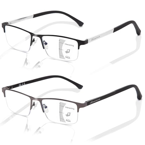 Amorays 2 Pack Gleitsichtbrille Progressive Multifokus Lesebrille Herren ，Anti-Blaulicht Lesebrillen Halbrahmen Metall mit Federscharniere Gleitsicht Arbeits Lesehilfe 8007(Schwarz+ Gunmetal，+2.00) von Amorays