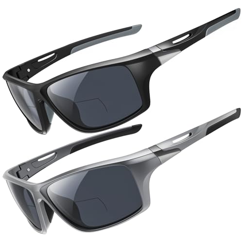 Amorays Bifokale Sonnenbrille mit Sehstärke Herren Wrap Around Sportlich Sonnenbrillen Leser Outdoor Clear Top Soft Nose Pads PC Frame UV400 8020（Schwarz&Grau，+1.50） von Amorays