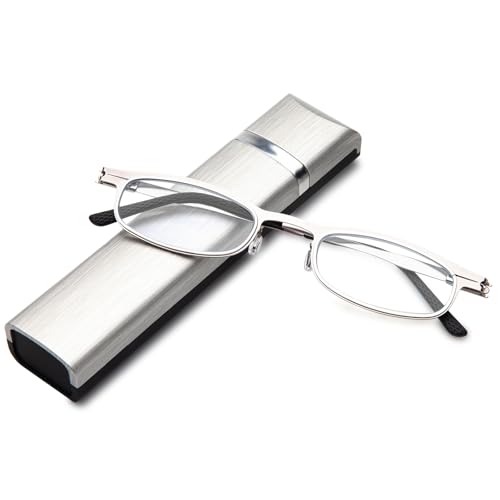 Amorays Schmal Lesebrille mit Ultraleichtem Herren Damen metal Anti-Blaulicht Lesebrillen mit reisen tragbar Rechteck Brillenetui 8010(Grau,+1.50) von Amorays