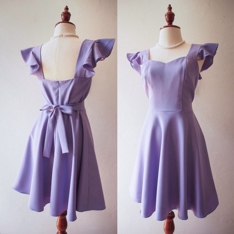 Olivia - Dusty Purple Sommer Kleid Rüschen Ärmel Träger Stil Schätzchen Schaukel Sonnenkleid Brautjungfer Altes Geld Frauen Preppy Outfit von Amordress
