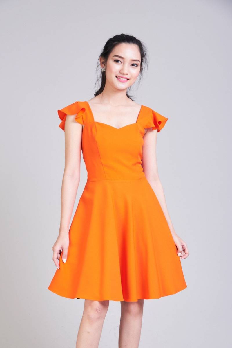 Olivia - Orange Kleid Brautjungfer Swing Tanzen Tangerine Halloween Rüschenärmel Sommerkleid Sweetheart Abschlussball Sommer von Amordress