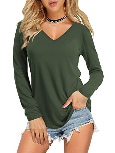 AMORETU Damen Langarm-T-Shirt Oberteil, V-Ausschnitt, einfarbig - Grün - XX-Large von Amoretu