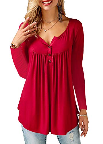 AMORETU T-Shirt Damen V-Ausschnitt Knopfleiste Bluse Solide Tunika Sommer Tops , Langarm-burgund, XXL/DE 54-56 von Amoretu