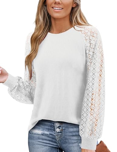 Amoretu Bluse Damen Elegant Spitzentop Rundhals Tshirt Langarm T Shirt Oberteil Elegant Tunika Top Weiß S von Amoretu