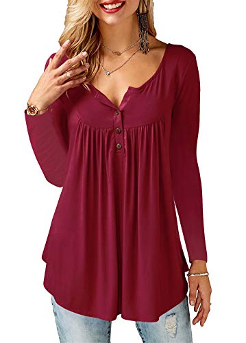 Amoretu Bluse Damen Langarm Tunika Elegantes Oberteil V Ausschnitt Knopfleiste Shirt Weinrot L von Amoretu