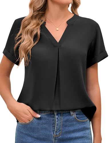 Amoretu Bluse Damen Sommer Kurzarm Shirts V Ausschnitt Longbluse Elegant Oberteile Schwarz L von Amoretu