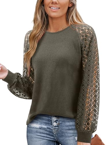 Amoretu Bluse Damen Spitze Langarm Shirt Lang Tops Raglan Tshirt Blusen Tuniken Armeegrün M von Amoretu