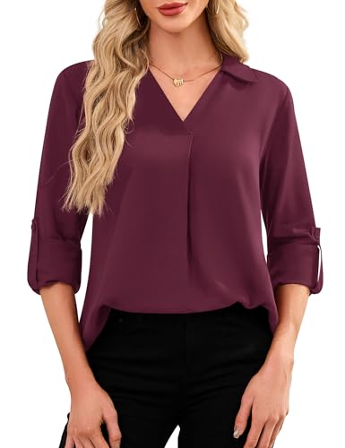 Amoretu Blusen Damen V Ausschnitt Langarm Arbeit Hemdbluse Elegant Longshirt (Weinrot, L) von Amoretu