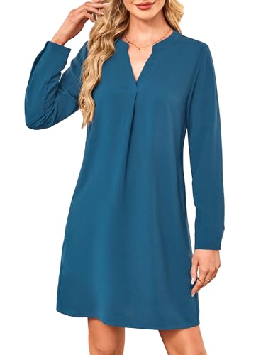 Amoretu Blusenkleid Damen Langarm V-Ausschnitt Kleid Elegantes Lockeres Midikleid (Pfauenblau, S) von Amoretu