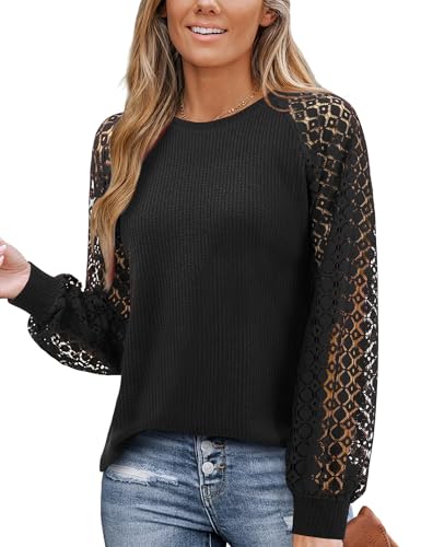 Amoretu Damen Blusen Longbluse Spitzenbluse Damenpullover Langarm T-Shirt Schwarz XXL von Amoretu